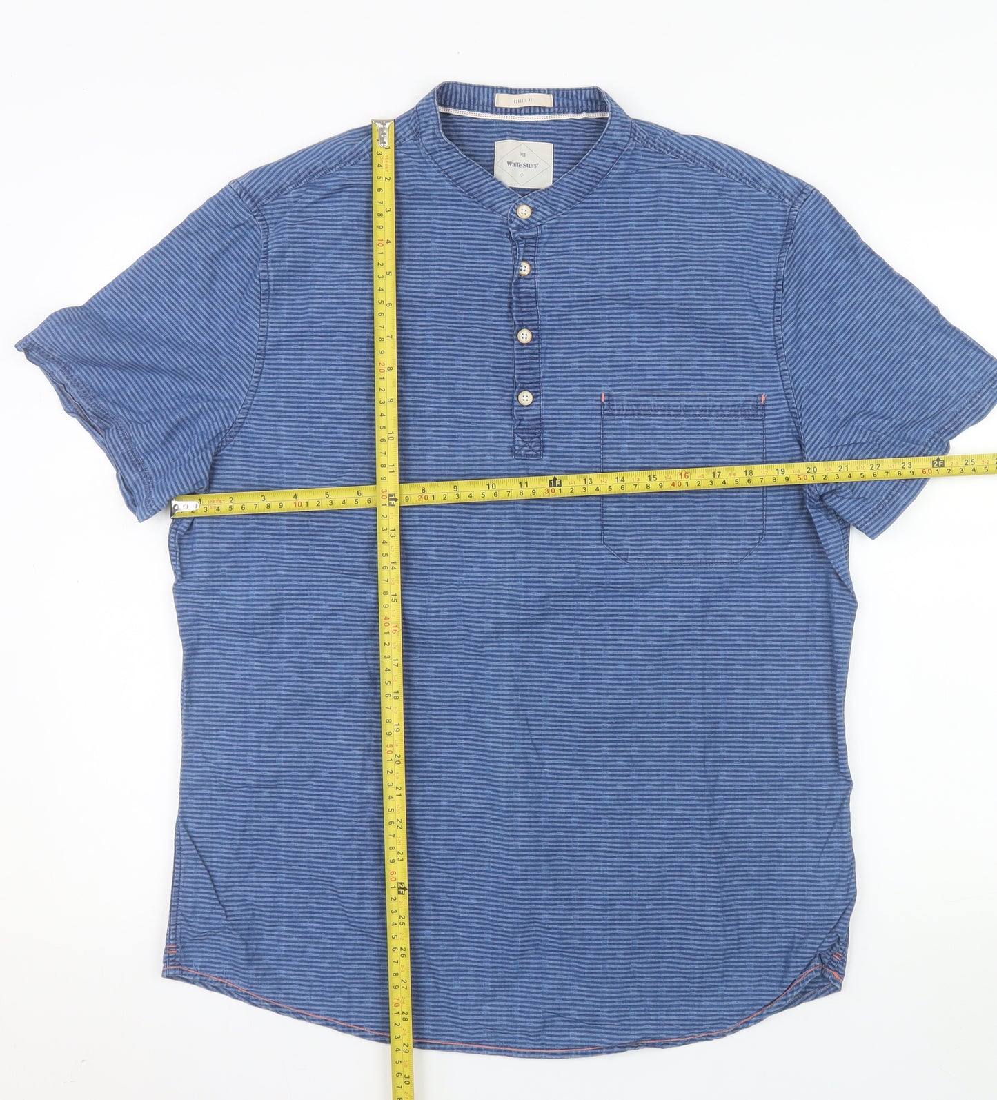 White Stuff Men's Blue Short Sleeve Henley Cotton Shirt Size L