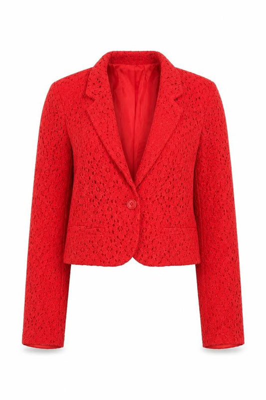 Front view of Forever 21 Women Red Lace Cropped Blazer Medium