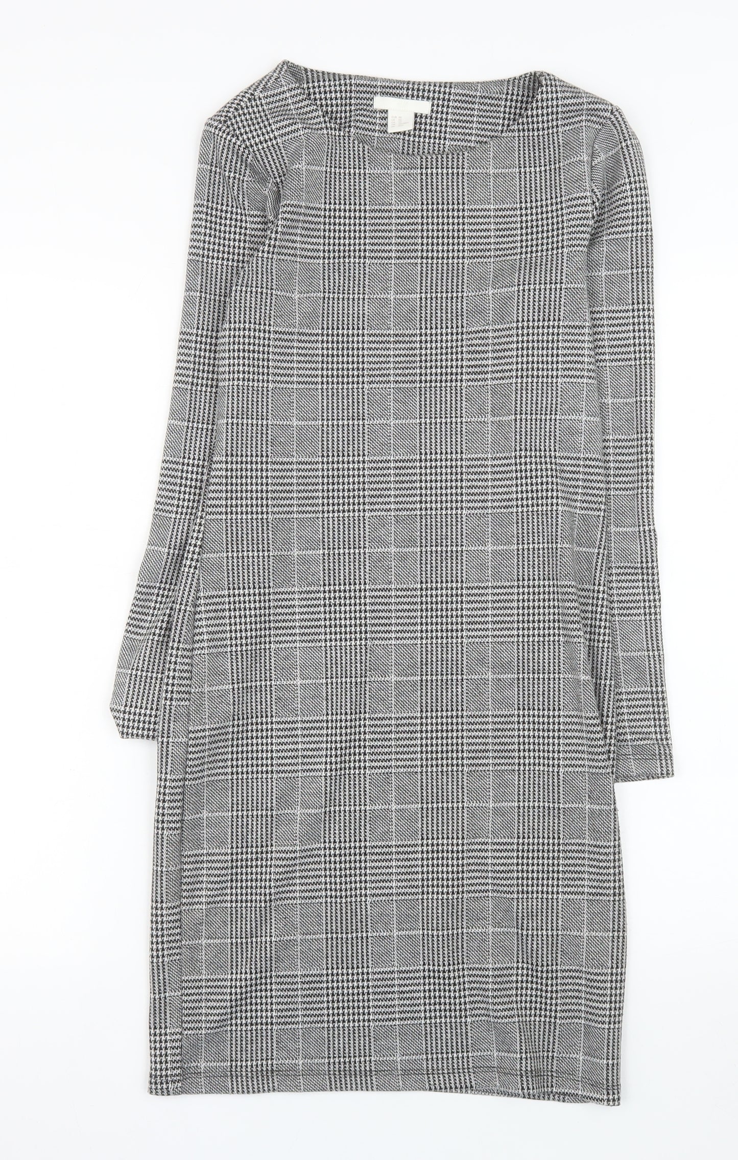 H&M Women Grey Check Shift Dress XS Long Sleeve Boat Neck
