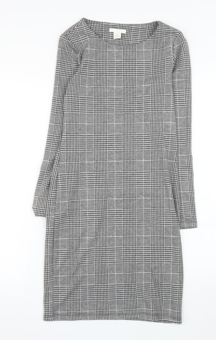 H&M Women Grey Check Shift Dress XS Long Sleeve Boat Neck