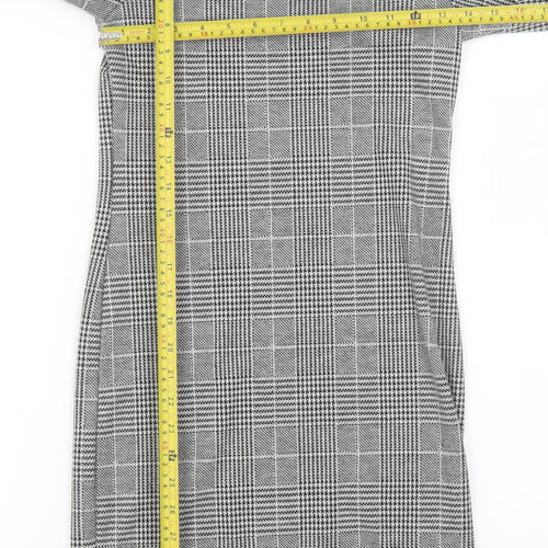 H&M Women Grey Check Shift Dress XS Long Sleeve Boat Neck