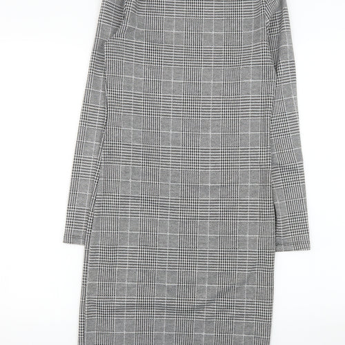H&M Women Grey Check Shift Dress XS Long Sleeve Boat Neck