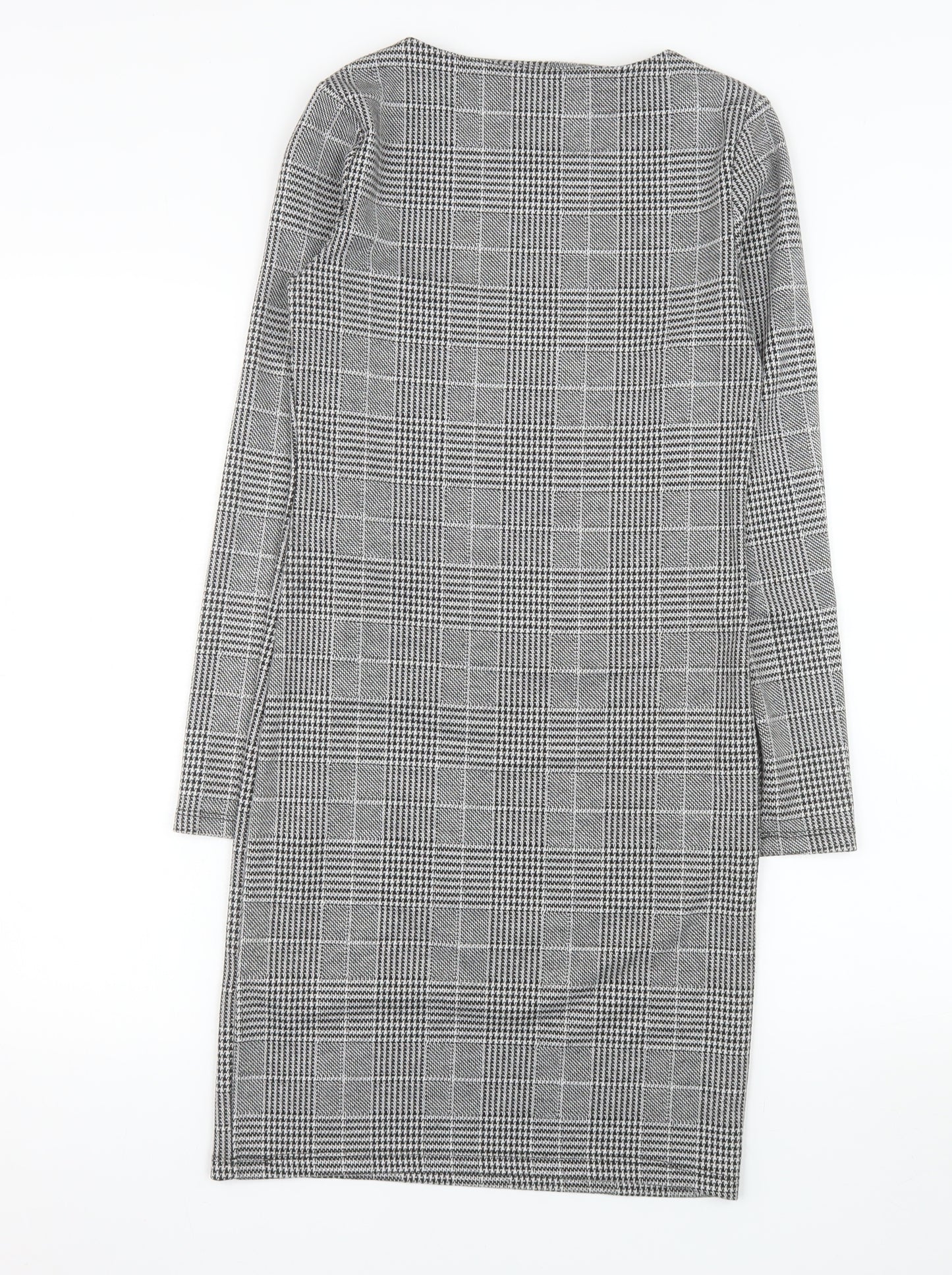 H&M Women Grey Check Shift Dress XS Long Sleeve Boat Neck