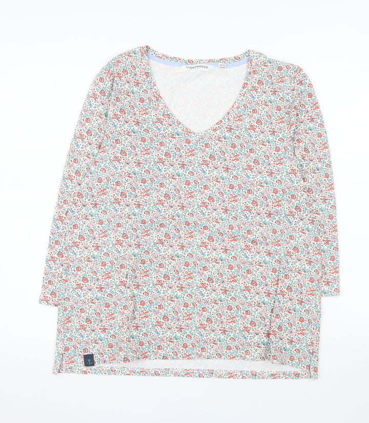 Lighthouse Womens Floral V-Neck Long Sleeve Cotton Top Size 14