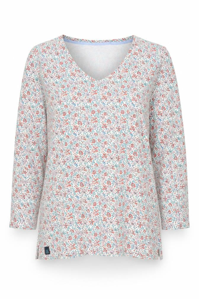 Lighthouse Womens Floral V-Neck Long Sleeve Cotton Top Size 14