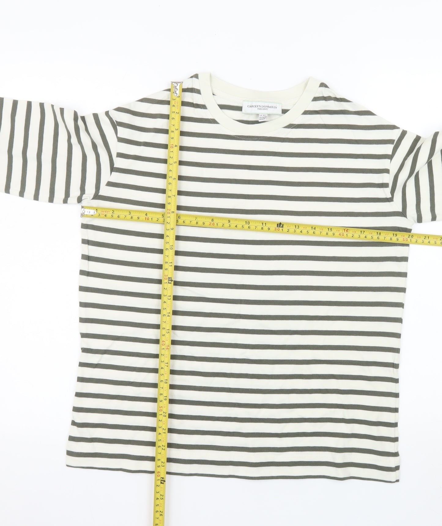 Carolyn Donnelly Women White Striped Long Sleeve Cotton T-Shirt XS