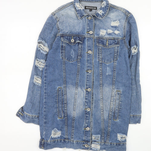 MISSPAP Women Blue Distressed Long Denim Jacket Size S