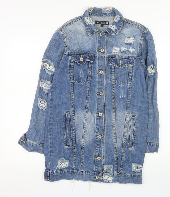 MISSPAP Women Blue Distressed Long Denim Jacket Size S