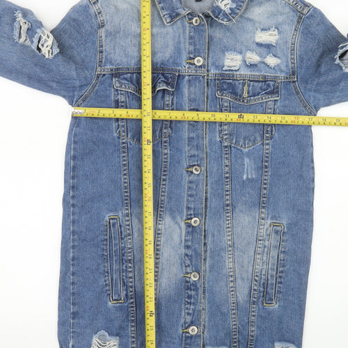 MISSPAP Women Blue Distressed Long Denim Jacket Size S