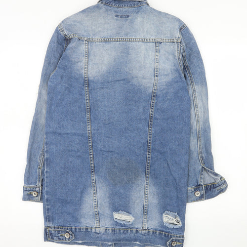 MISSPAP Women Blue Distressed Long Denim Jacket Size S