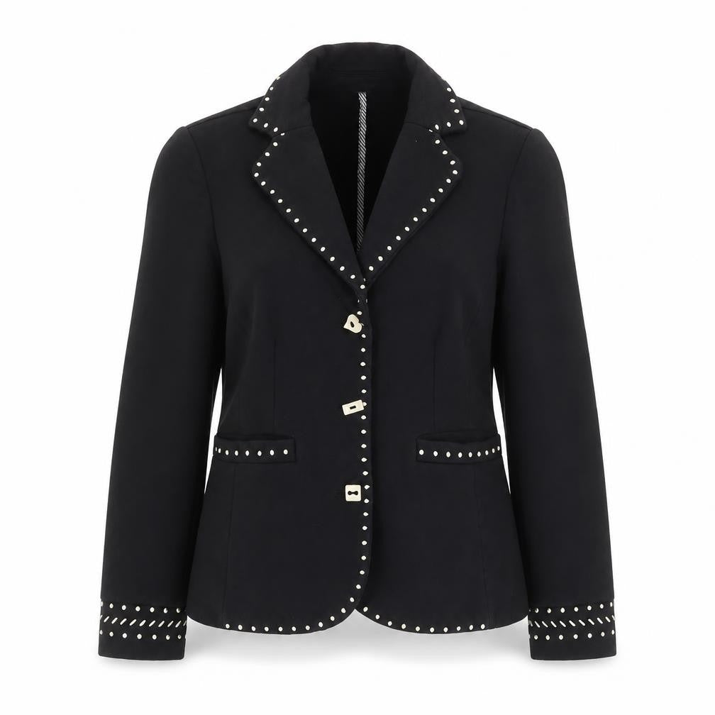 Front view of Pianura Studio Women's Black Studded Cotton Blazer, size 14