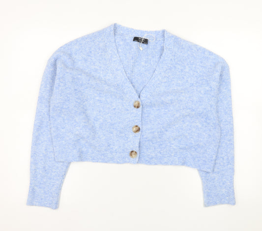 Bershka Women Blue Knit V-Neck Button Cardigan Size S