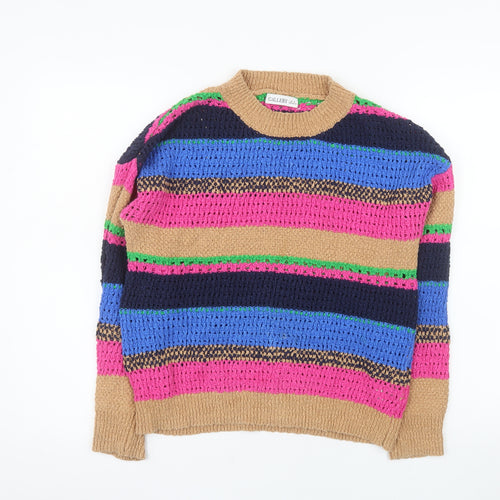 Gallery Women Beige Multicoloured Striped Knit Jumper Size M 100% Cotton