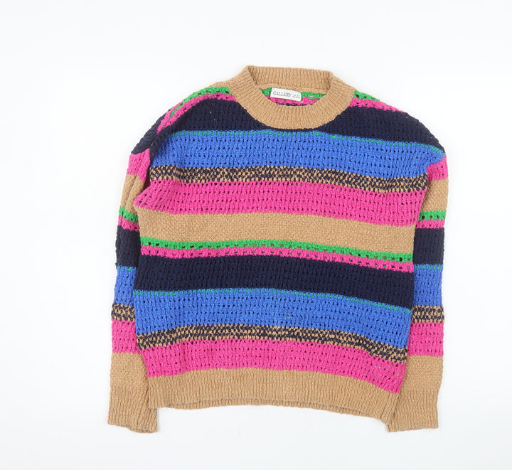 Gallery Women Beige Multicoloured Striped Knit Jumper Size M 100% Cotton