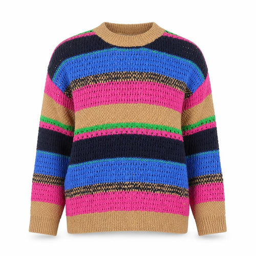 Gallery Women Beige Multicoloured Striped Knit Jumper Size M 100% Cotton