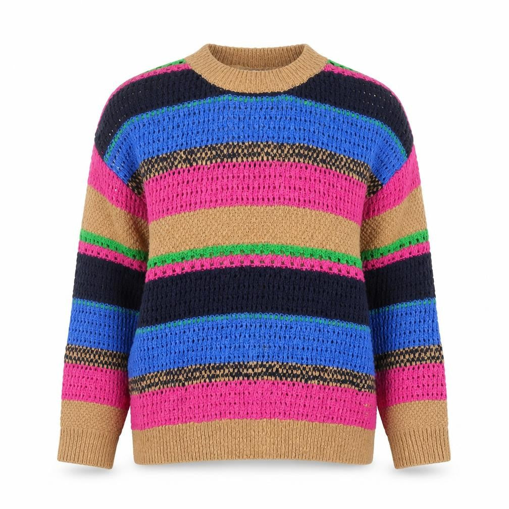 Gallery Women Beige Multicoloured Striped Knit Jumper Size M 100% Cotton