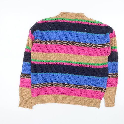 Gallery Women Beige Multicoloured Striped Knit Jumper Size M 100% Cotton