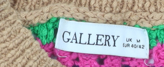 Gallery Women Beige Multicoloured Striped Knit Jumper Size M 100% Cotton