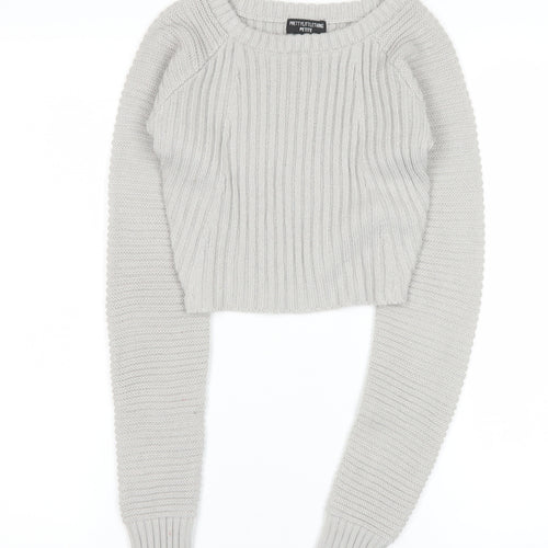 PrettyLittleThing Petite Women’s Grey Ribbed Knit Crew Neck Jumper Size S