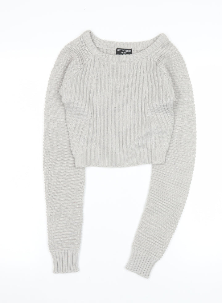 PrettyLittleThing Petite Women’s Grey Ribbed Knit Crew Neck Jumper Size S