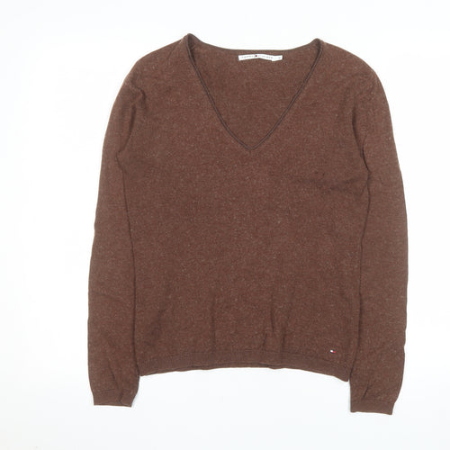 Tommy Hilfiger Womens Brown V-Neck Wool Cotton Jumper Size S