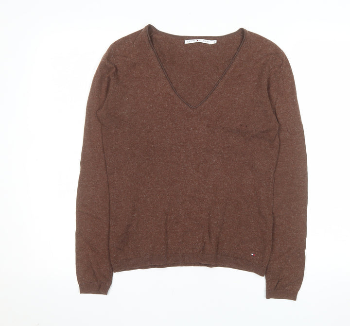 Tommy Hilfiger Womens Brown V-Neck Wool Cotton Jumper Size S