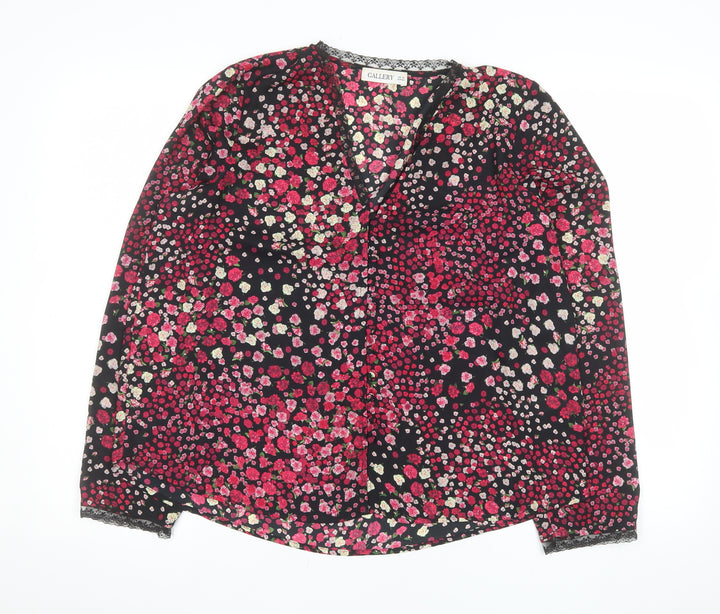 Gallery Womens Multicoloured Floral Lace Trim V-Neck Long Sleeve Blouse UK 12