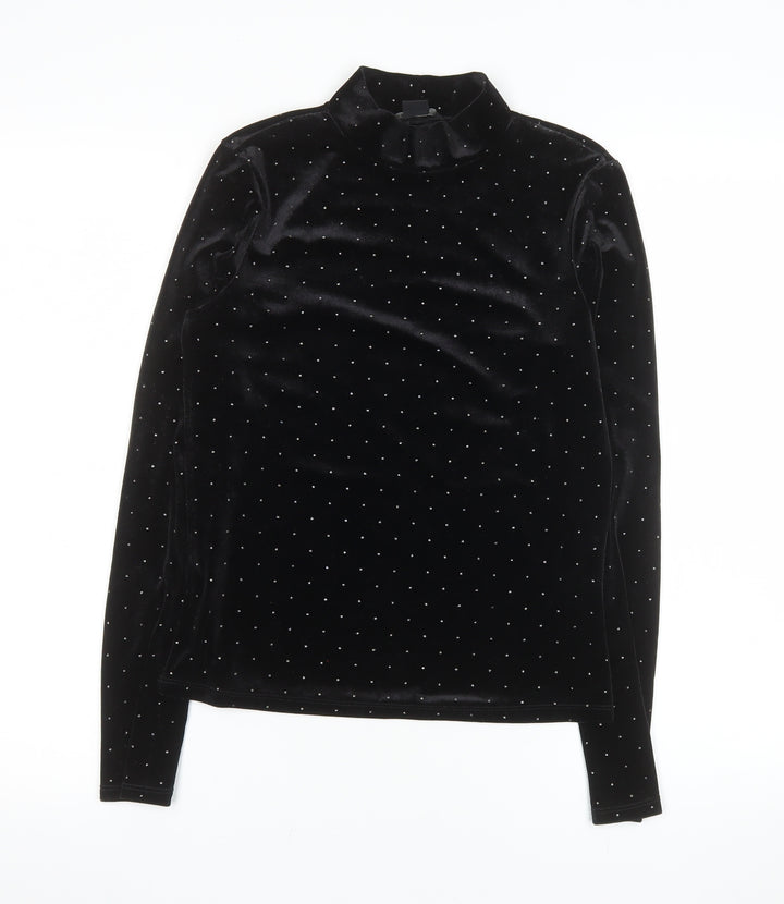 Monki Women Black Mock Neck Velvet Long Sleeve Top Size S