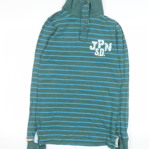 Superdry Men's Green Striped Henley Sweatshirt M Long Sleeve