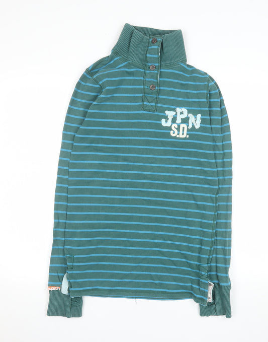 Superdry Men's Green Striped Henley Sweatshirt M Long Sleeve