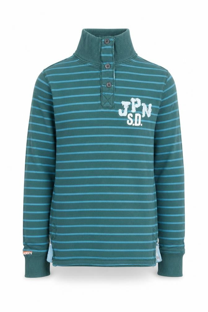 Front view of Superdry Men's Green Striped Henley Sweatshirt M Long Sleeve