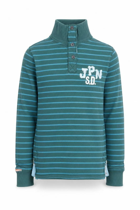 Front view of Superdry Men's Green Striped Henley Sweatshirt M Long Sleeve