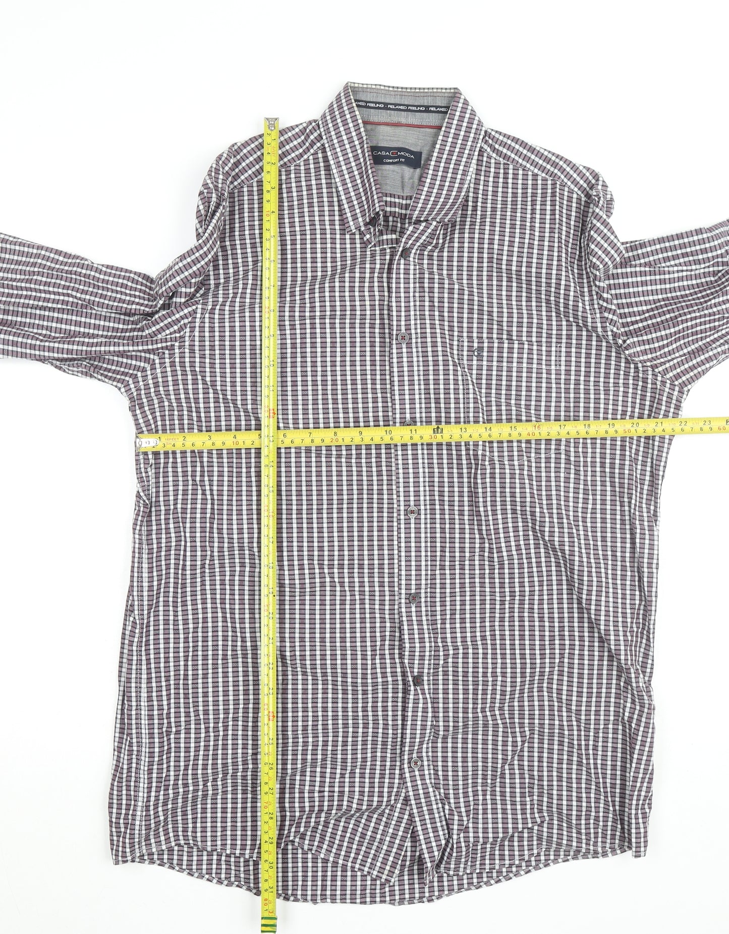 Casa Moda Men's Purple Check Long Sleeve Button-Up Shirt L