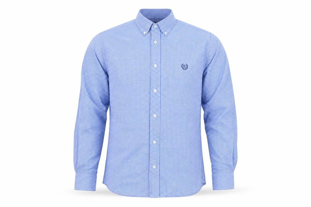 Front view of Chaps Men's Blue Check Cotton Button-Up Long Sleeve Shirt S Custom Fit