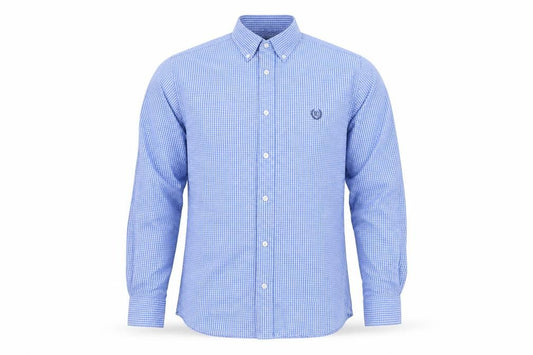 Front view of Chaps Men's Blue Check Cotton Button-Up Long Sleeve Shirt S Custom Fit