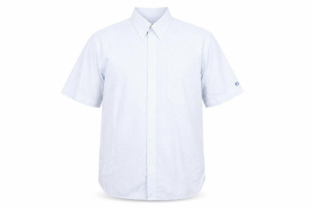Front view of Oscar Jacobson Men's Blue Check Short Sleeve Button-Up Shirt, size L