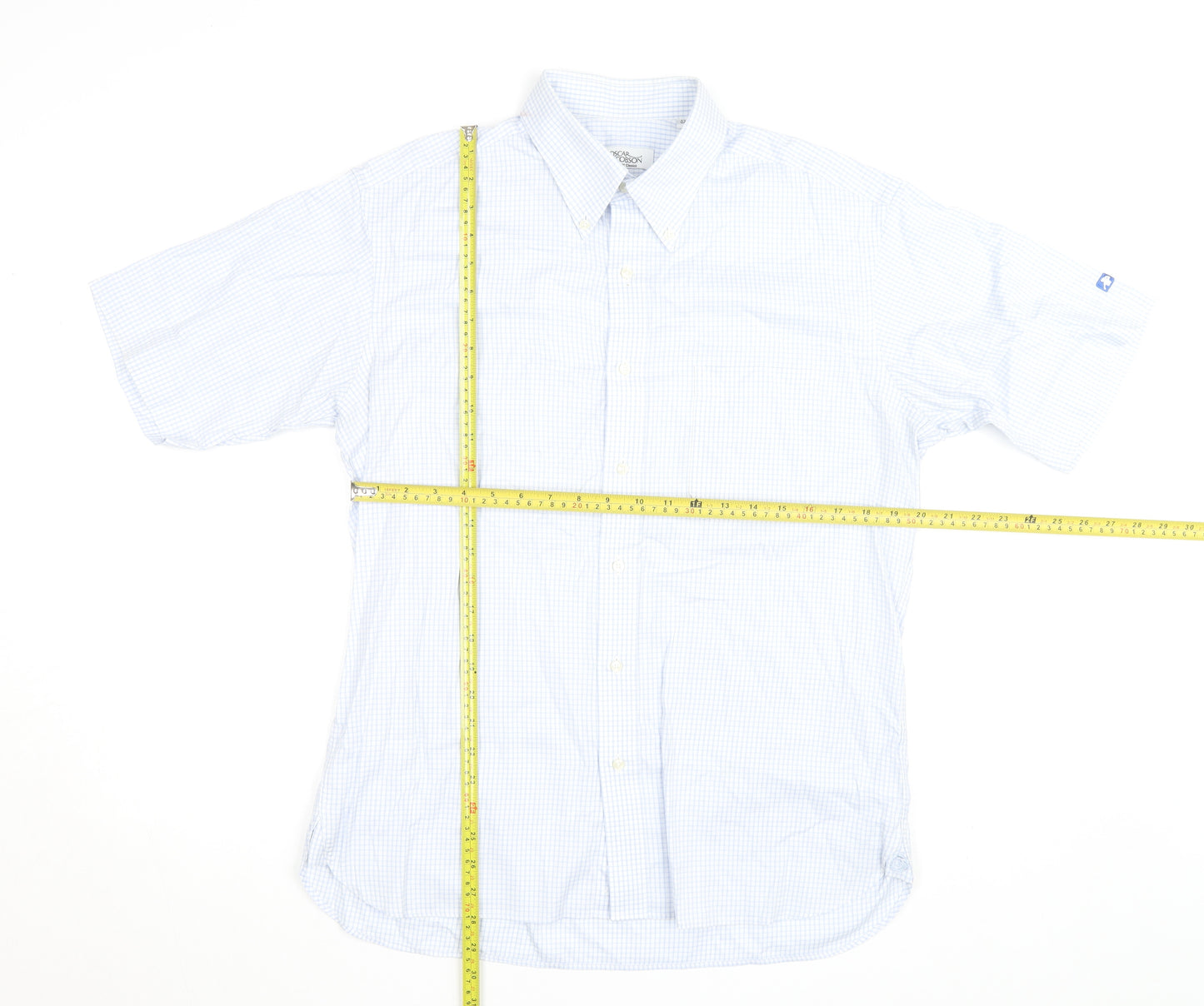 Oscar Jacobson Men's Blue Check Short Sleeve Button-Up Shirt Size L