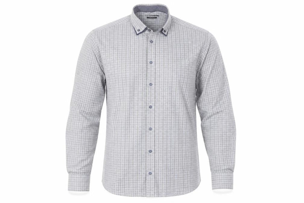 Front view of Hatico Essentials Men's Blue Check Regular Fit Long Sleeve Button-Up Shirt, size 17