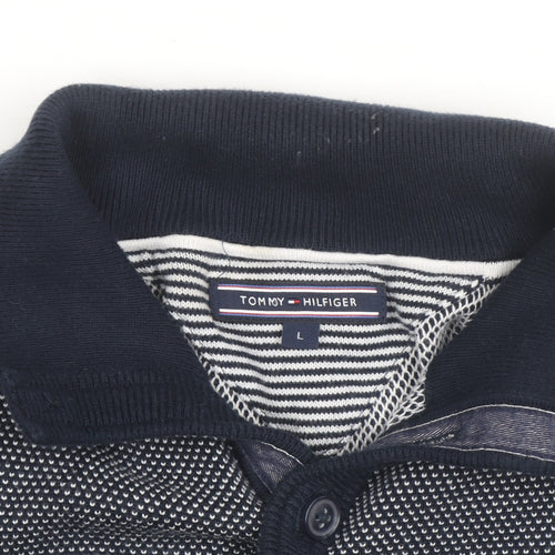 Tommy Hilfiger Men's Blue Long Sleeve Cotton Knit Button-Up Polo Shirt L