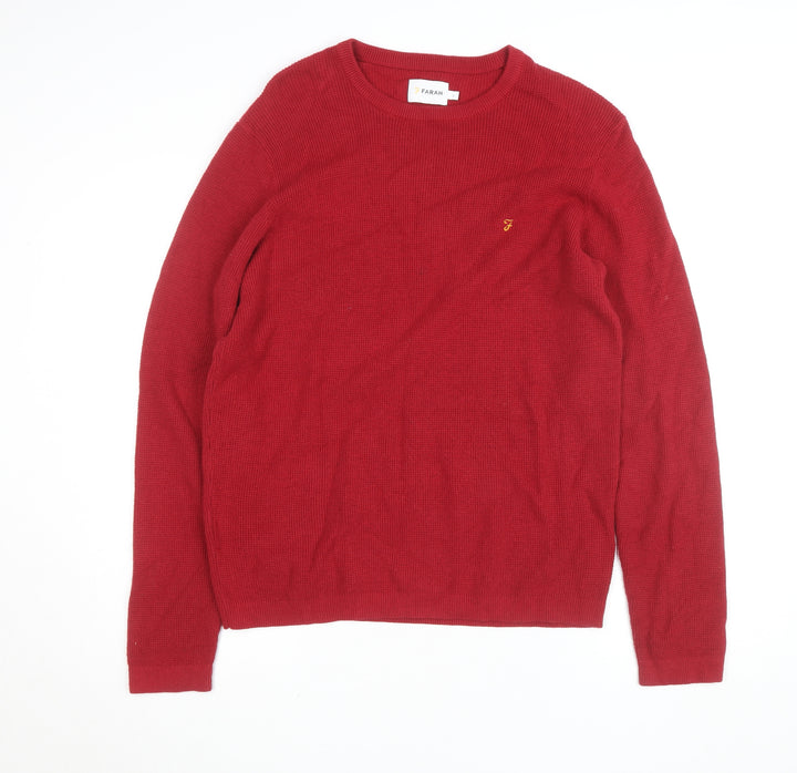 Farah Men's Red Cotton Crew Neck Jumper Size L Classic Knitwear
