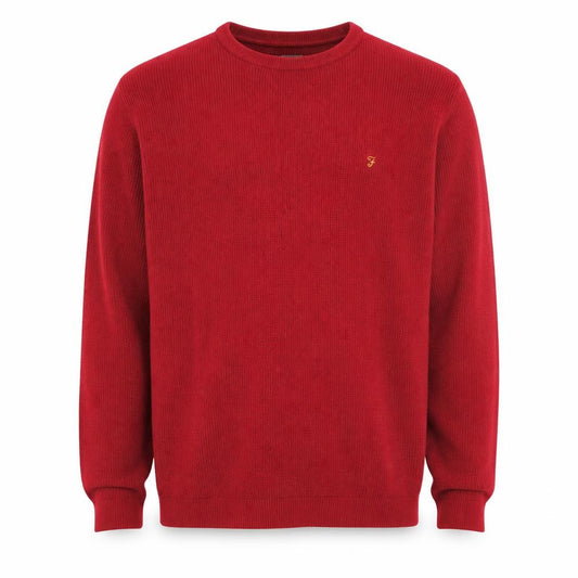 Front view of Farah Men's Red Cotton Crew Neck Jumper, size L, Classic Knitwear