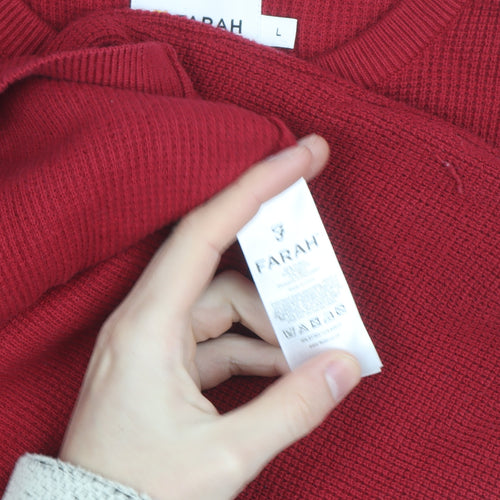Farah Men's Red Cotton Crew Neck Jumper Size L Classic Knitwear