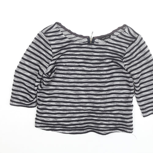 New Look Women’s Black Striped Knit Blouse Size 8 Zip Back 3/4 Sleeve