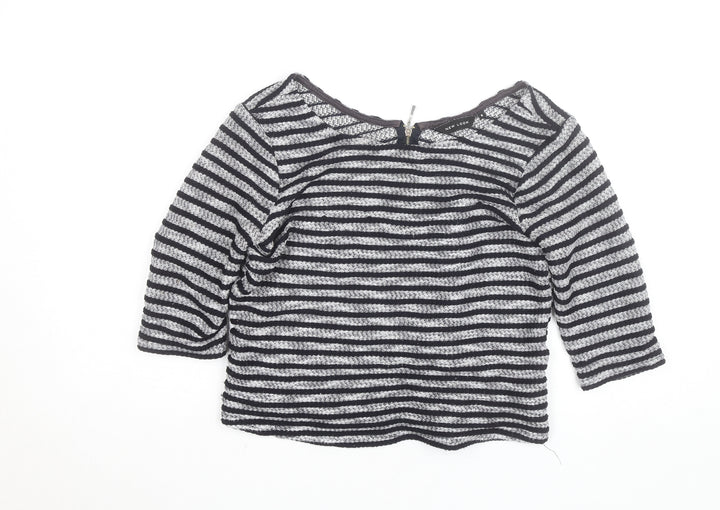 New Look Women’s Black Striped Knit Blouse Size 8 Zip Back 3/4 Sleeve