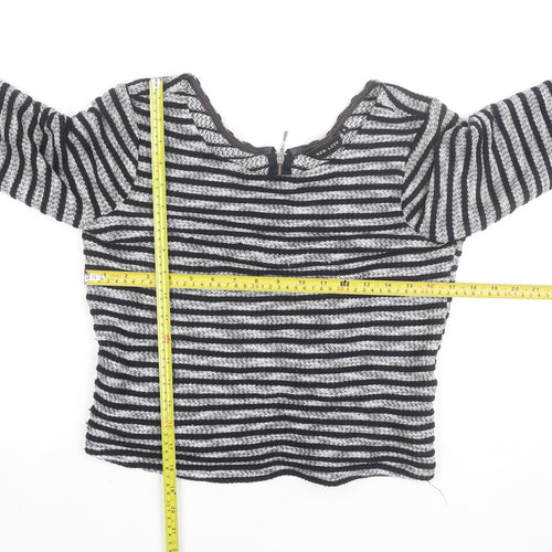New Look Women’s Black Striped Knit Blouse Size 8 Zip Back 3/4 Sleeve