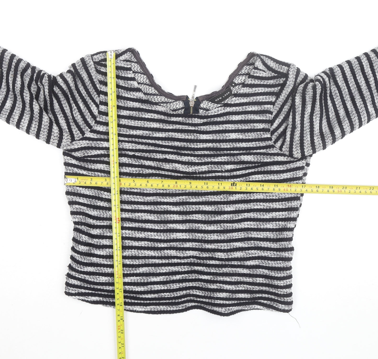 New Look Women’s Black Striped Knit Blouse Size 8 Zip Back 3/4 Sleeve