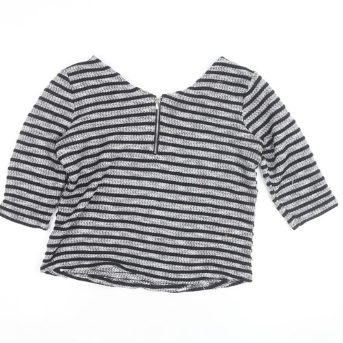 New Look Women’s Black Striped Knit Blouse Size 8 Zip Back 3/4 Sleeve