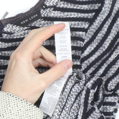 New Look Women’s Black Striped Knit Blouse Size 8 Zip Back 3/4 Sleeve