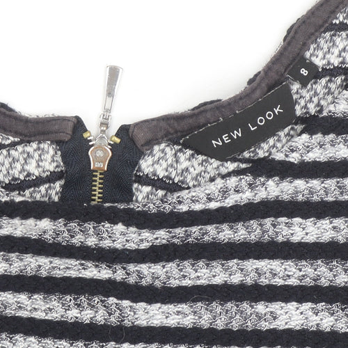 New Look Women’s Black Striped Knit Blouse Size 8 Zip Back 3/4 Sleeve