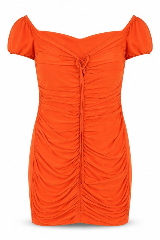 Front view of Premier Glam Women Orange Off Shoulder Ruched Bodycon Dress, size 12